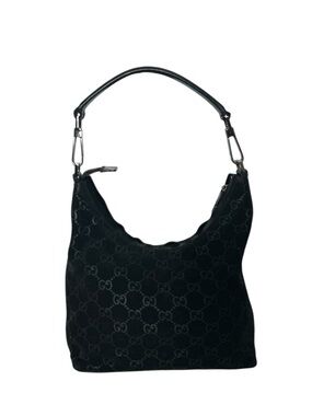 Gucci Y2K Tom Ford Era Black GG Suede Hobo Bag Silver Hardware Vintage